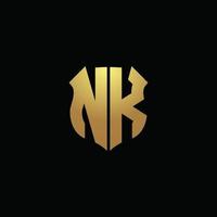 NK logo monogram with gold colors and shield shape design template vector