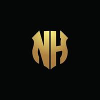 Monograma del logotipo de NH con colores dorados y plantilla de diseño de forma de escudo vector