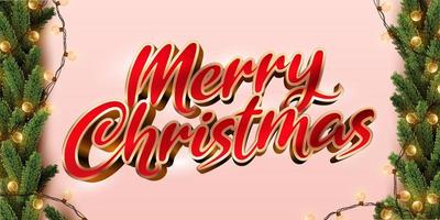 Merry christmas shiny golden 3d text, pine tree leaves and light bulbs on light red background
