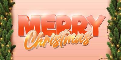 Feliz navidad texto 3d de dibujos animados, hojas de pino y bombillas sobre fondo naranja claro vector