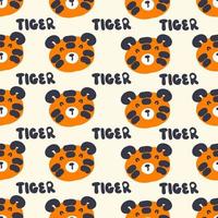 Hand drawn seamless pattern with tiger faces and text TIGER. vector