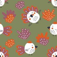 Hand drawn seamless pattern with turkeys and roosters. vector