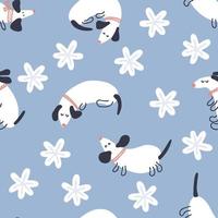 Hand drawn winter seamless pattern with dachshunds and snowflakes. vector