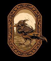 Illustration vector Crow bird with vintage engraving ornament on black background