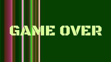 Outro on glitch background. Outro Game Over. Pop up text screen saver with text Game Over for clips, films, vlogs, video game reviews.