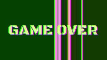 Outro on glitch background. Outro Game Over. Pop up text screen saver with text Game Over for clips, films, vlogs, video game reviews.