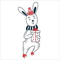 Hare in winter clothes with gift. Vector illustration
