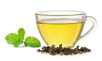 Glass cup of  green tea and mint isolated on white background photo