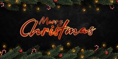 Merry christmas shiny golden 3d text, pine tree leaves and light bulbs on dark grunge background vector