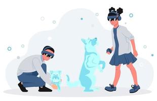 Children in VR glasses play with virtual dogs. The future of pets. Flat vector illustration