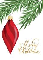 Christmas greeting card. A Christmas tree toy hanging on a branch and a handwritten inscription Merry Christmas. Vector