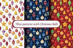 tres patrones con bolas de navidad. un conjunto de patrones sin fisuras de vector. vector