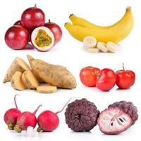 Small radish, banana, Purple custard apple, Ripe thai cherry, Sweet potato,  Passion fruit  on white background photo