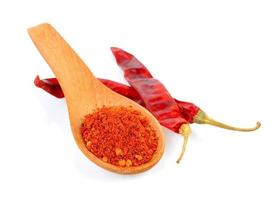 Cayenne pepper in wood spoon on white background photo