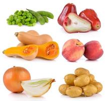 onion, Peach, potato, rose apple, butternut squash,  soy beans on white background photo