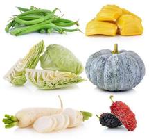 Daikon radishes, jack fruit, pumpkin, Mulberry, cabbage, Green beans on white background photo