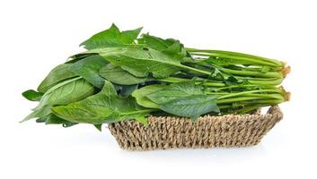 Spinach leaves in basket  isolated on white background photo