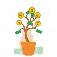 Money tree with growing gold coins and dollars. Business, financial, economic and investment concept. A symbol of material well being vector
