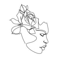 woman face single line drawing with flowers continuous line art a bouquet of flowers in a woman's head, single line art natural cosmetics simple black and white painting artwork vector