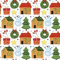Winter holiday hand drawn seamless pattern background Merry Christmas and Happy New Year house snowman christmas tree wreath present herbs decor star wrapping paper packaging design