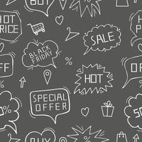 Speech bubble doodle set with online shopping text seamless pattern on black background. Vector illustration.