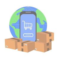 The concept of online shopping, smartphone and parcels against the background of the globe. Worldwide delivery of online orders. Vector illustration