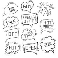 Speech bubble doodle set, line art style, isolated on white background. Vector illustration