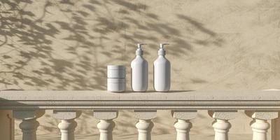 Cosmetic podium display. Product brand presentation. Mockup scene balcony with shadow of abstract background. 3d render illustration.