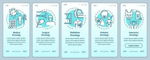 Oncology onboarding pantalla de la página de la aplicación móvil con conceptos. Oncologia medica. Tutorial de tratamiento de cáncer con instrucciones gráficas de cinco pasos. cirugía. plantilla de vector de interfaz de usuario con ilustraciones en color rgb