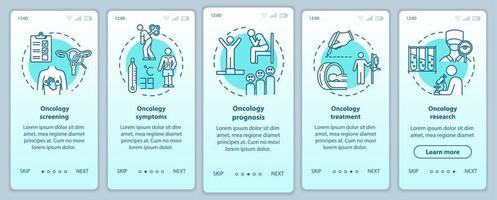 Oncology onboarding mobile app page screen with concepts. Cancer symptoms. Illness treatment walkthrough five steps graphic instructions. Sickness prognosis. UI vector template, RGB color illustration
