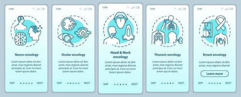 Oncology onboarding mobile app page screen with concepts. Thoracic cancer. Cancer treatment walkthrough five steps graphic instructions. Ocular oncology. UI vector template, RGB color illustrations