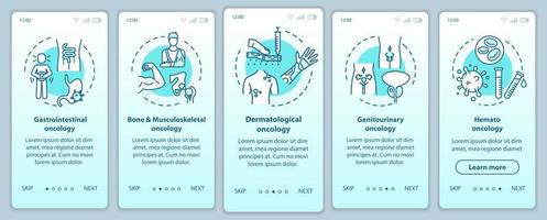 Oncology onboarding pantalla de la página de la aplicación móvil con conceptos. Tutorial de tratamiento de cáncer con instrucciones gráficas de cinco pasos. oncología genitourinaria. plantilla de vector de interfaz de usuario con ilustraciones en color rgb