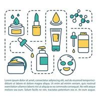 icono de concepto de productos de cuidado de la piel con texto. cosmética y maquillaje. loción hidratante. tónico limpiador. plantilla de vector de página ppt. folleto, revista, elemento de diseño de folleto con ilustraciones lineales