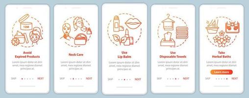 Skicare onboarding mobile app page screen with concepts. Cosmetic products. Cosmetology and beauty walkthrough 5 steps graphic instructions. UI vector template with RGB color illustrations