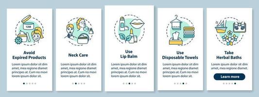 Skicare onboarding mobile app page screen with concepts. Cosmetic products. Cosmetology and beauty walkthrough 5 steps graphic instructions. UI vector template with RGB color illustrations
