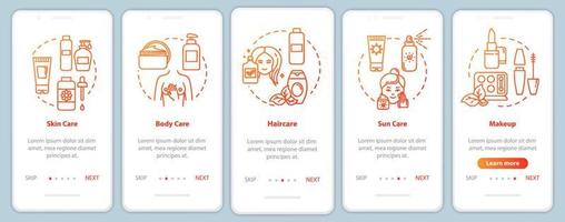 skicare onboarding pantalla de la página de la aplicación móvil con conceptos. cuidado solar y corporal. tutorial de dermatología 5 pasos instrucciones gráficas. plantilla de vector de interfaz de usuario con ilustraciones en color rgb