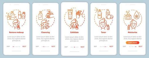 Skicare onboarding mobile app page screen with concepts. Regular masks, facebuilding. Cosmetology walkthrough 5 steps graphic instructions. UI vector template with RGB color illustrations
