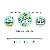 Take herbal baths concept icon. Spa treatment at home. Beauty procedure to relax. Skincare. Aromatherapy idea thin line illustration. Vector isolated outline RGB color drawing. Editable stroke
