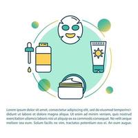 icono de concepto de productos de cuidado de la piel con texto. mascarilla facial. aceite esencial. protector solar y crema. plantilla de vector de página ppt. folleto, revista, elemento de diseño de folleto con ilustraciones lineales