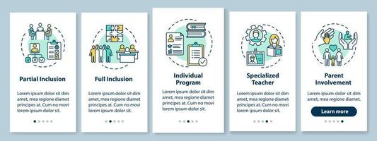 Inclusive education onboarding mobile app page screen with concepts. Educational assistance for disabled walkthrough five steps graphic instructions. UI vector template with RGB color illustrations