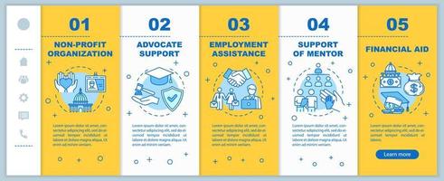 Inclusive education onboarding vector template. Non-profit organization. Advocate support. Financial aid. Responsive mobile website with icons. Webpage walkthrough step screens. RGB color concept