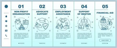 Inclusive education onboarding vector template. Employment assistance. Advocate support. Financial aid. Responsive mobile website with icons. Webpage walkthrough step screens. RGB color concept