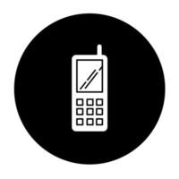 icono de glifo de teléfono celular portátil. teléfono celular inalámbrico con botones. Dispositivo de comunicación. teléfono móvil de mano. accesorio electrónico. ilustración vectorial silueta blanca en círculo negro vector