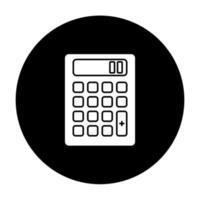 Pocket calculator glyph icon. Mathematical calculation. Quick counting. Small electronic gadget. Accounting. Finance. Technology. Mobile device. Vector white silhouette illustration in black circle