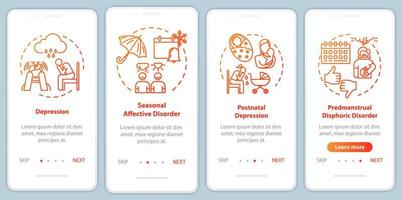 Mental disorder onboarding mobile app page screen with concepts. Seasonal depression. Psychological problem walkthrough four steps graphic instructions. UI vector template with RGB color illustrations