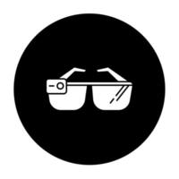 Smart glasses glyph icon. Smartglasses. Wearable computer optical gadget. Augmented reality technology. Monitoring. Mobile device. Digital tool. Vector white silhouette illustration in black circle