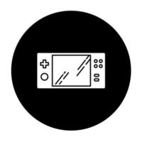 Portable video game console glyph icon. Handheld gaming gadget with buttons. Pocket electronic device for playing games. Entertainment. Technology. Vector white silhouette illustration in black circle