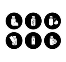 USB flash drive glyph icons set. Compact data storage device. Memory stick. Thumb drive, key. Transferring information. Small electronic gadget. Vector white silhouettes illustrations in black circles