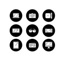 Mobile devices glyph icons set. Pocket gadgets. Smart technology. Tablet, computer. Navigator, smartglasses, radio set. Compact digital tools. Vector white silhouettes illustrations in black circles