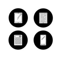 Mobile devices glyph icons set. Pocket electronic gadgets. Smart technology. Tablet, e-reader, e-book. Smartphone, calculator. Digital tools. Vector white silhouettes illustrations in black circles